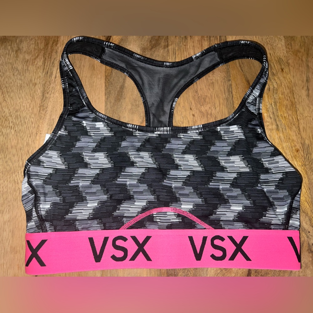 VSX Victoria's Secret BLACK/PINK Banded Racerback Sports Bra Size MEDIUM  Activ